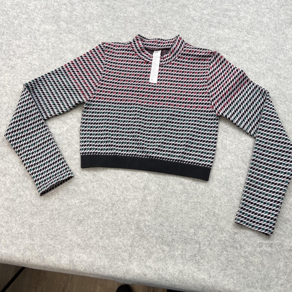 Fabletics Shirt Womens XL Multicolor Houndstooth Mock Neck Long Sleeve Crop Top